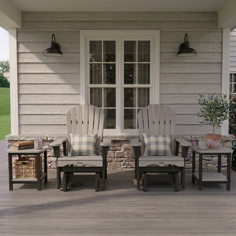 Porch setting with two Krahn Adirondack Deluxe Gliders with two Krahn end tables
