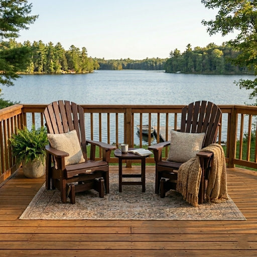 Two Krahn outdoor poly patio gliders on a lakeside deck 