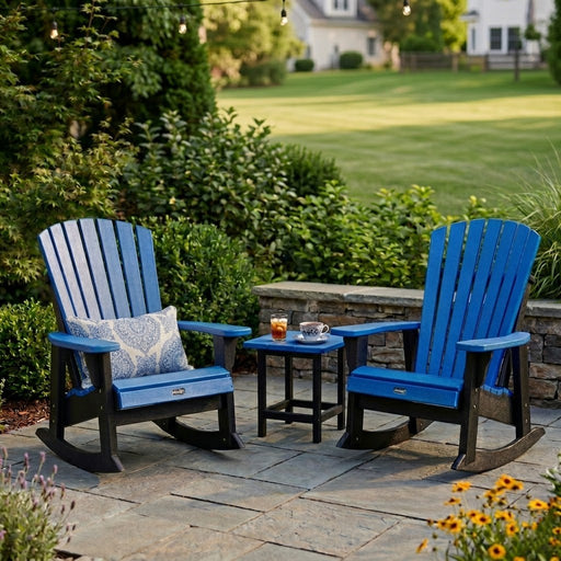 Two Krahn Cobalt Adirondack Patio Rockers  on an outdoor patio