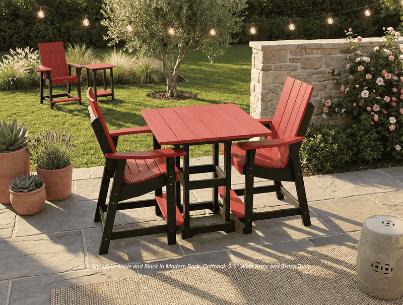 Krahn Red outdoor poly bistro set with chairs on a patio area with potted plants and a stone wall in the background.