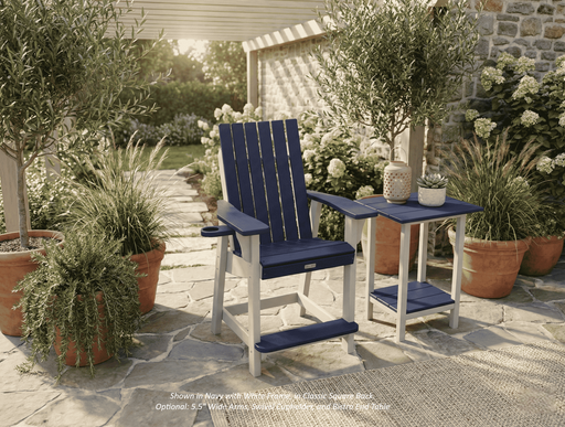 Krahn outdoor poly bistro chair with side table on a patio with plants 