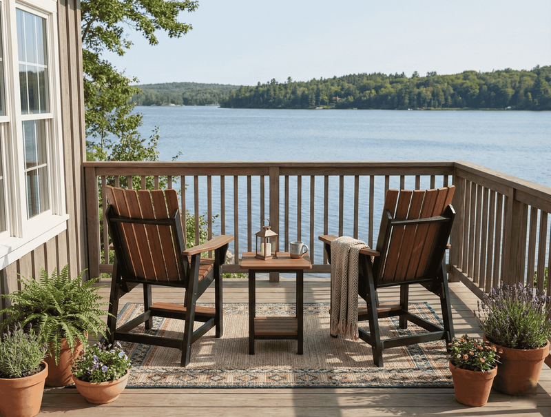 Outdoor deck with Krahn poly bistro chairs, bistro side table, and potted plants overlooking a lake.