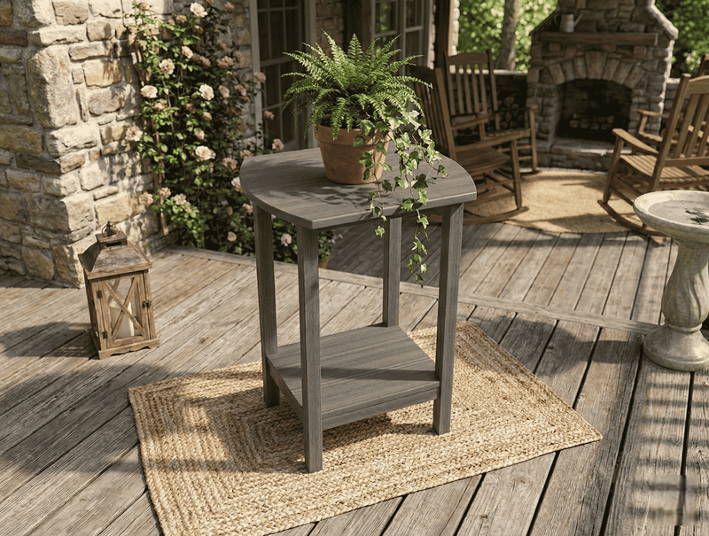 Krahn outdoor poly bistro end table with a plant on a wooden deck