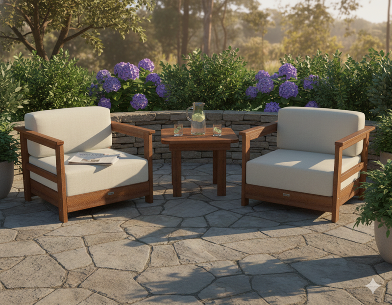 Krahn Poly Deep Sear Armchair with a side table in an outdoor garden setting
