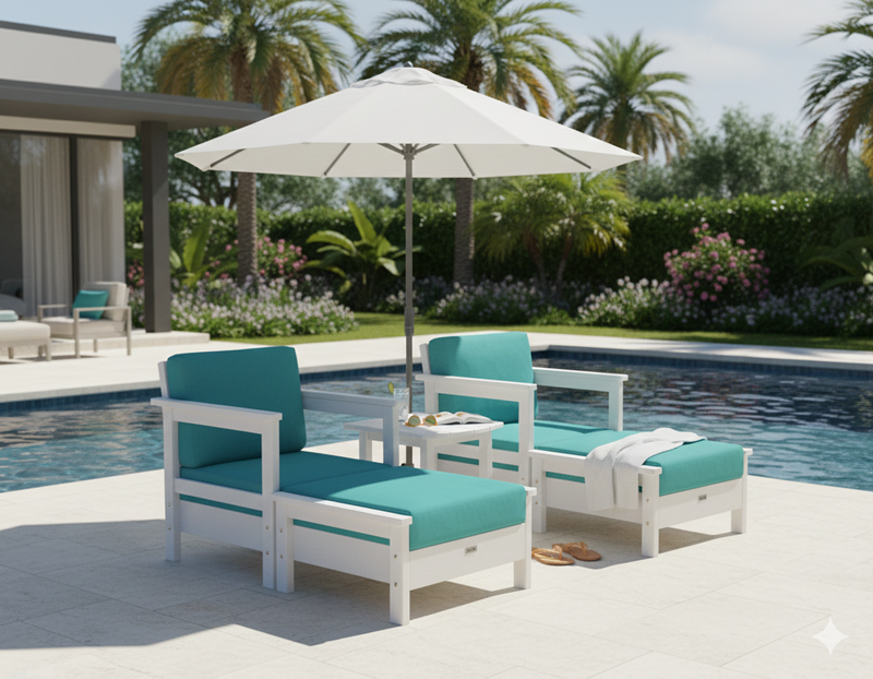A pair of pool loungers under an umbrella with a side table holding drinks by an ingound pool