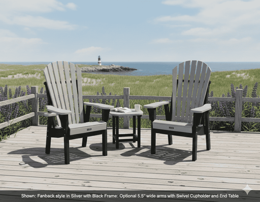 Two Krahn Dining Fanback chairs with a Krahn End table on a wooden deck overlooking a scenic view of water and a lighthouse.