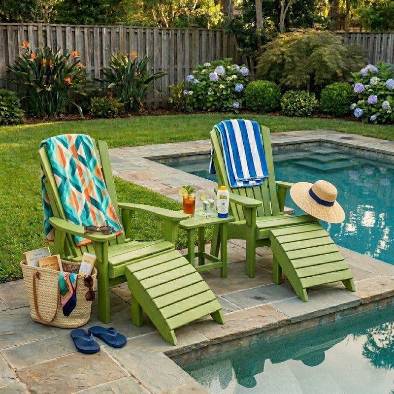 Two Krahn Patio Chairs with footrests and end table in Lime colour in a backyard pool setting
