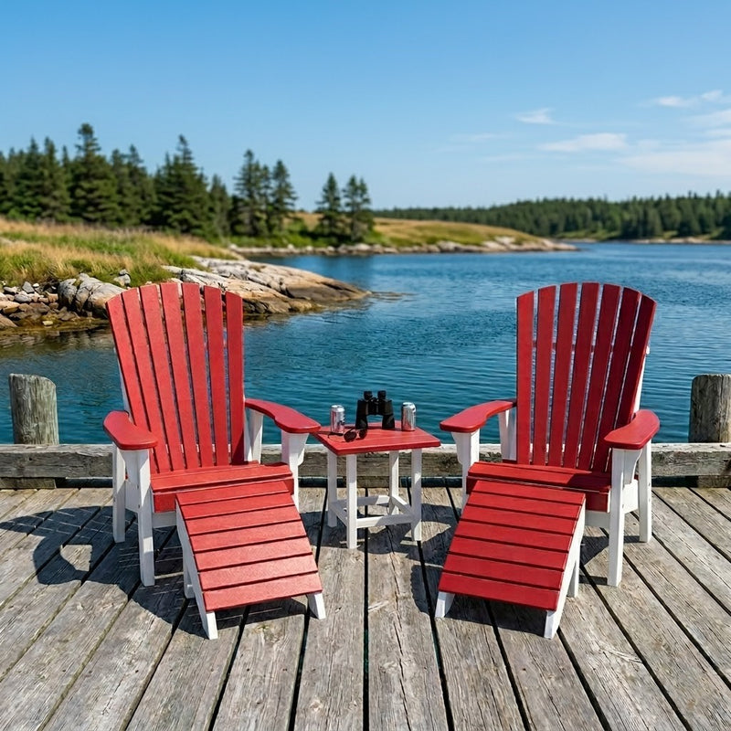 Two Krahn Patio Classic Chairs in Red and White with end table on a dock
