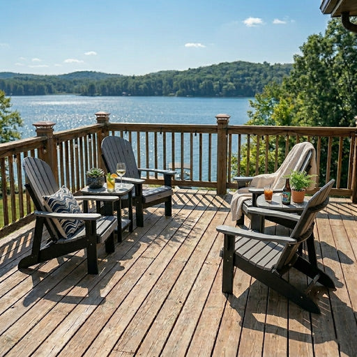 Four Silver and Black Krahn Patio Deluxe Chairs with two end tables on a deck overlooking a river