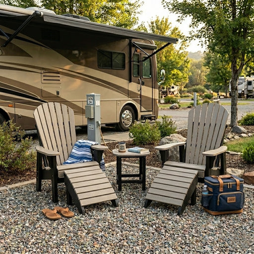 two Krahn Adirondack Patio Chairs with end table and foot rests in sand colour with black frame in a RV site setting