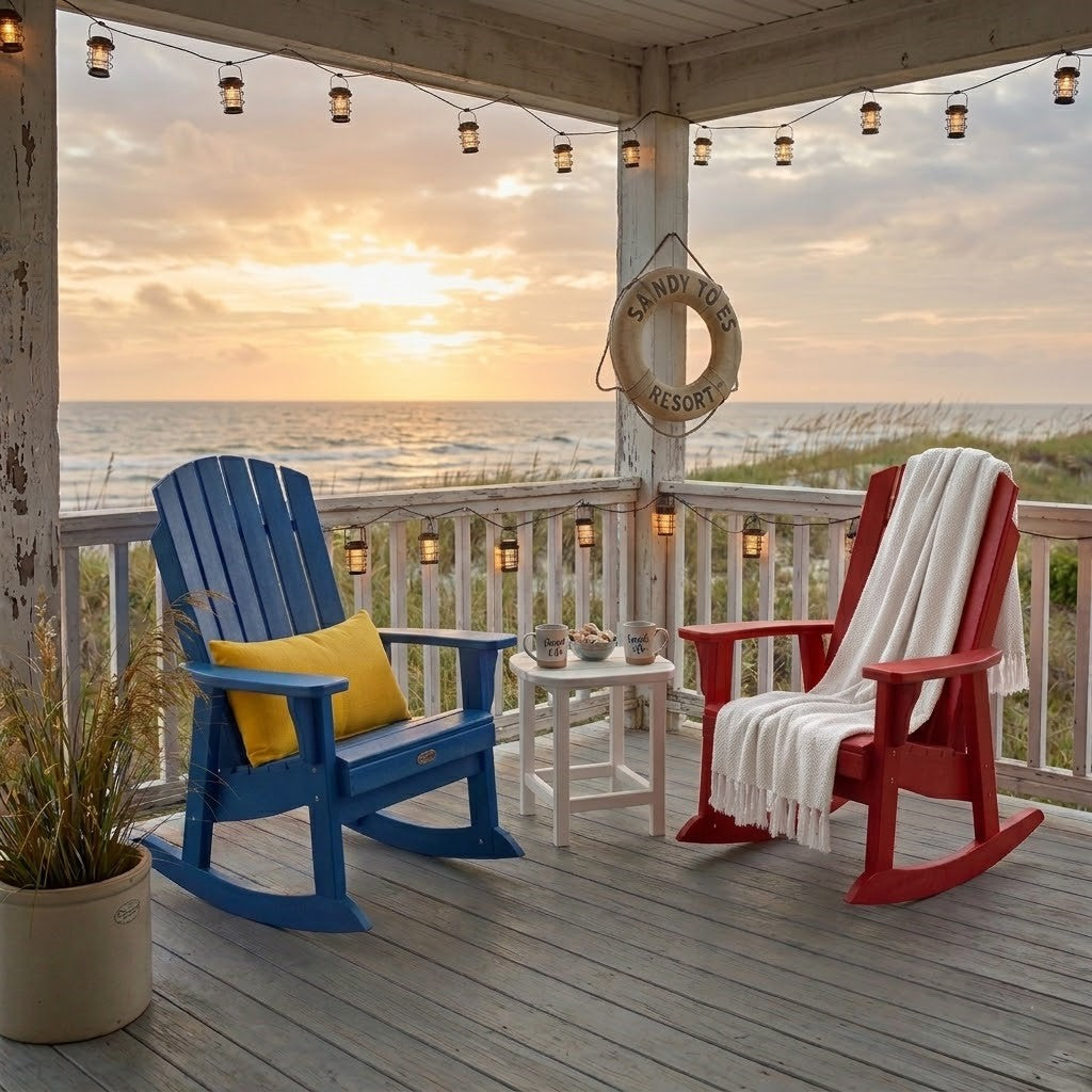 Two Krahn Porch Rockers with a Krahn end table in Acadian colours on a porch beach setting