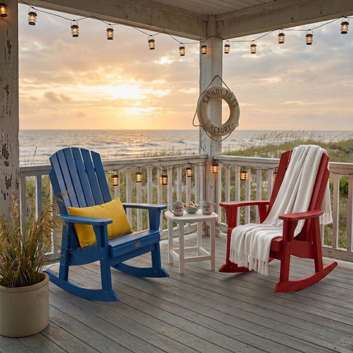 Two Krahn Porch Rockers with a Krahn end table in Acadian colours on a porch beach setting