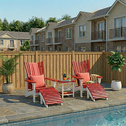 Two Krahn Yacht Chairs in Red and white with an end table and foot rests in a backyard pool setting