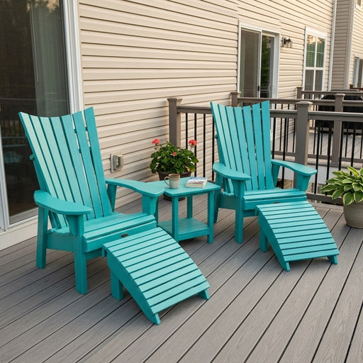 Two Krahn Aruba Yacht Club chairs with foot rests and end table on a deck