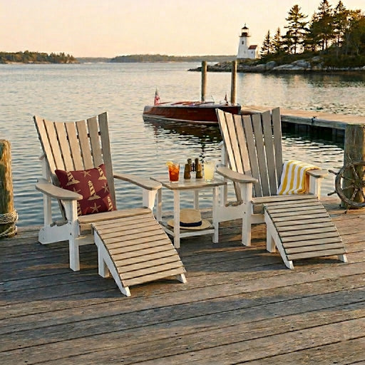 Two Krahn Yacht Chairs in Sand and White colour with end table and foot rests on a dock