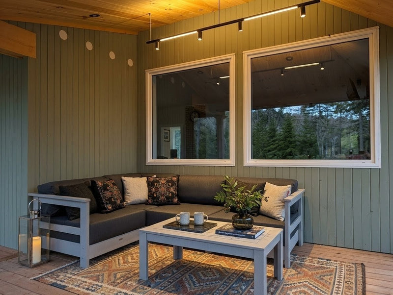 Outdoor patio area with a Krahn sectional sofa, coffee table, and large windows under a covered porch.