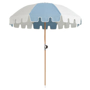 Elegant sapphire/white Luxury Umbrella by Basil Bangs with UPF50+ sun protection, marine-grade fabric, and durable hardwood pole.