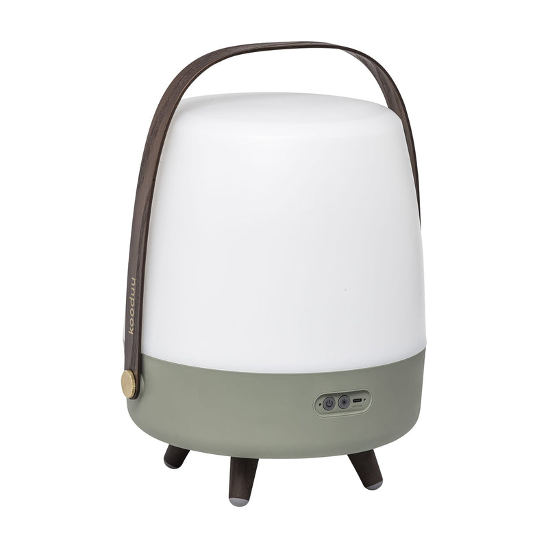 Kooduu Lite-up Play in Petroleum: portable Bluetooth speaker and LED lamp with warm light, wooden accents, and Nordic-inspired design.