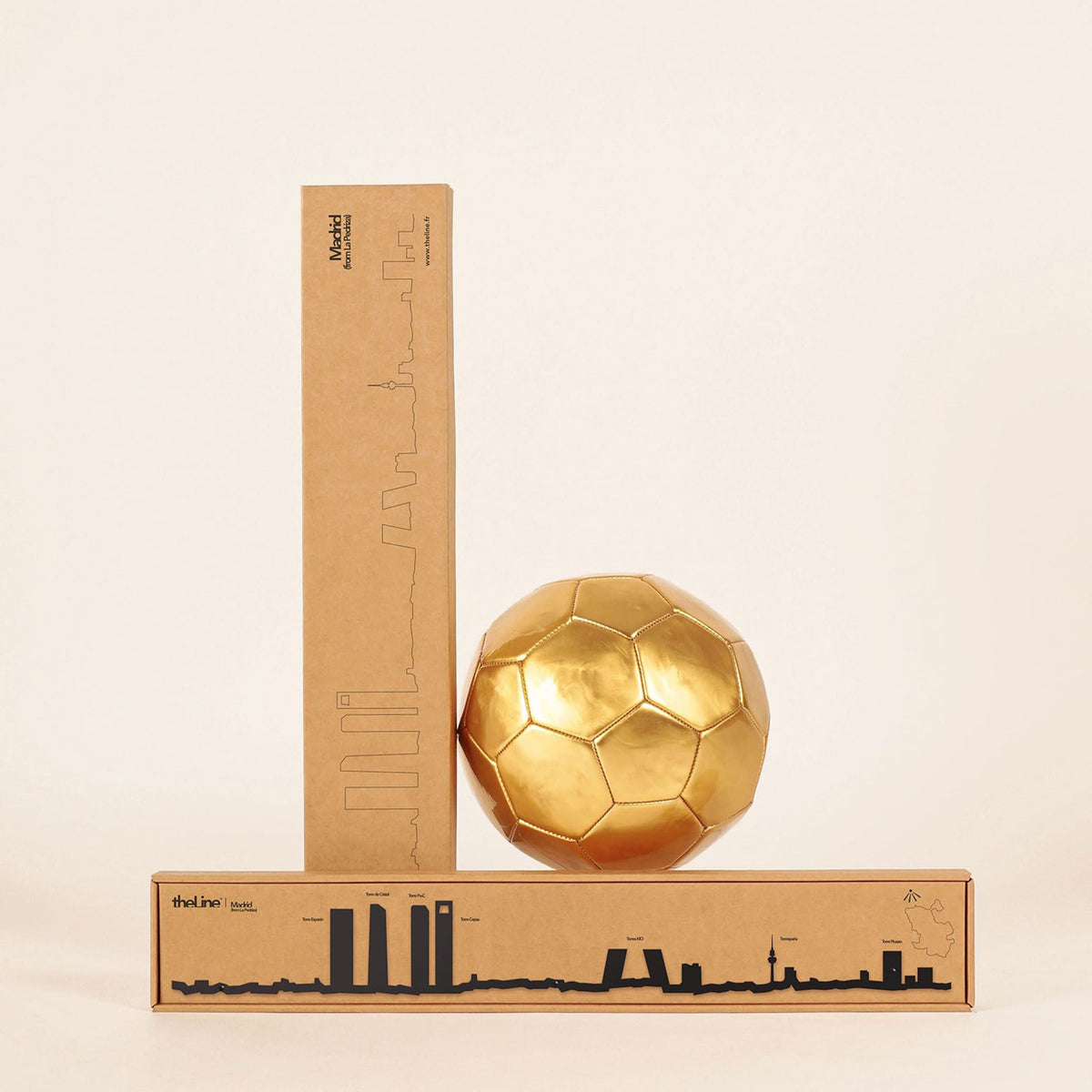 The Madrid Line: 50 cm silhouette showcasing Madrid&#39;s skyline with iconic towers like Cristal and Gateway to Europe.