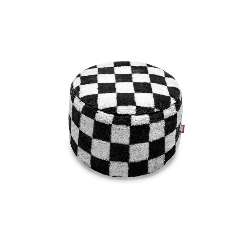 Compact teddy pouf with a playful graphic pattern and anti-slip base in Black Ecru.