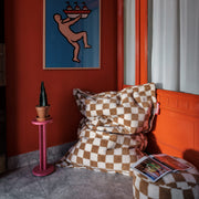 Cozy indoor bean bag with ultra-soft teddy fabric and a bold checkered design, filled in Canada.