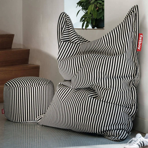 Soft indoor bean bag in striped terry fabric with microbead comfort, filled in Canada.