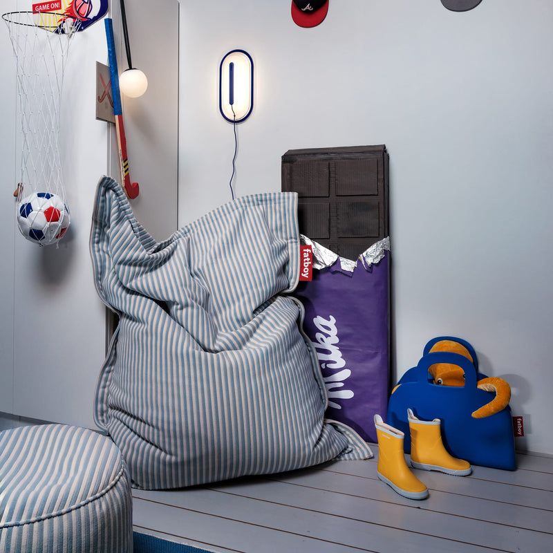 Slim bean bag designed for indoor comfort, playful stripes, and everyday relaxation.
