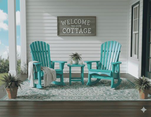 Turquoise Krahn Adirondack Rockers on a porch with a 'Welcome to our Cottage' sign.