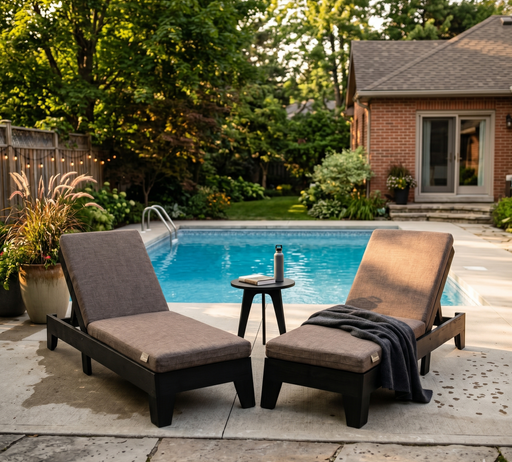 Two poly chaise lounge chairs with sunbrella cuhsions by a pool with a house and garden in the background