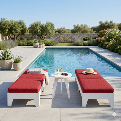Outdoor poolside setting with red cushioned lounge chairs and a small table by a pool.