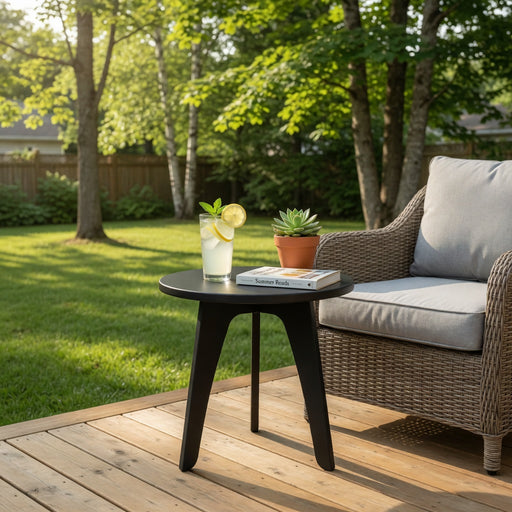 Outdoor setting with a wicker chair, small poly side table, and drink on a deck.