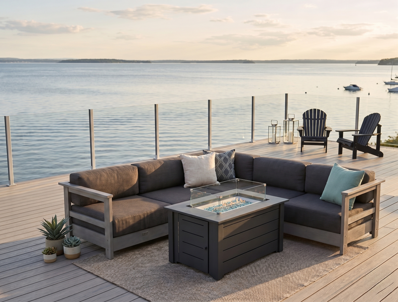 Krahn outdoor patio set with fire pit table on a deck overlooking water