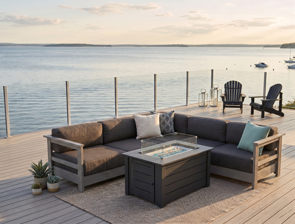 Krahn outdoor patio set with fire pit table on a deck overlooking water