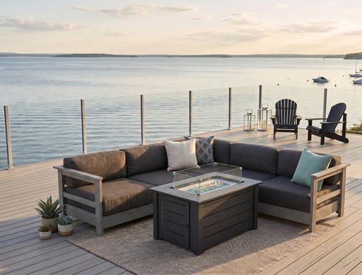 Krahn outdoor patio set with fire pit table on a deck overlooking water